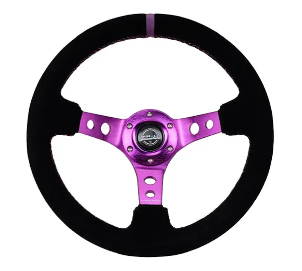 NRG Reinforced Steering Wheel (350mm / 3in. Deep) Black Suede w/Purple Center & Purple Stitching Latest