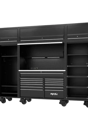 Trending SP Tools 114" USA Sumo Series Complete Workstation - Roller Cabinet, Top Hutch, 2x Side Cabinets & Overhead Hutches - Black/Chrome