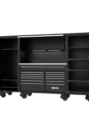 SP Tools 114" USA Sumo Series Workstation - Roller Cabinet, Top Hutch & 2x Side Cabinets - Black/Chrome Mega Sale