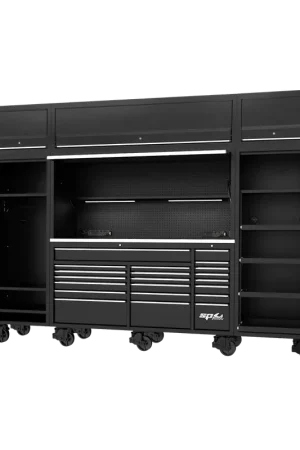 SP Tools 128" USA Sumo Series Complete Workstation - Roller Cabinet, Top Hutch, 2x Side Cabinets & Overhead Hutches - Black/Chrome Premium