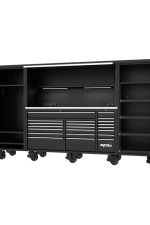 Modern SP Tools 128" USA Sumo Series Workstation - Roller Cabinet, Top Hutch & 2x Side Cabinets - Black/Chrome