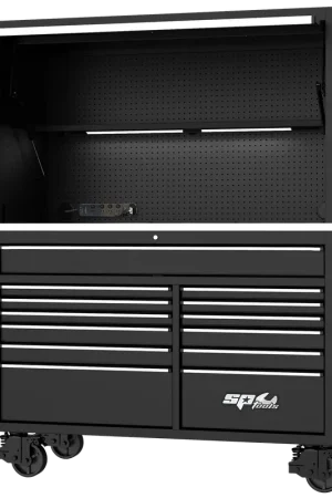 Last Chance SP Tools 59" USA Sumo Series Workstation - Roller Cabinet & Top Hutch Combo - Black/Chrome