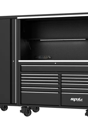 Top Rated SP Tools 86" USA Sumo Series Roll Cab, Power Hutch & Side Cabinet Tool Kit - 730pc - Metric & SAE - Black/Chrome