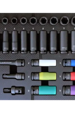 Fan Favorite SP Tools EVA Foam Tray Tool Kit - 1/2" Drive Impact Sockets & Accessories - 31pc - Metric