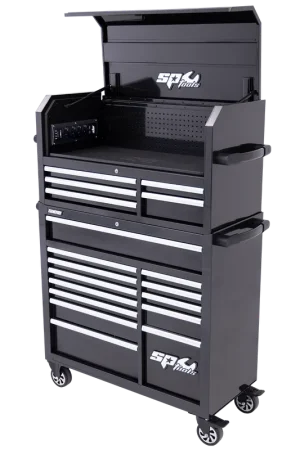 Warranty Included SP Tools Sumo Series Power Hutch Tool Box & Roller Cabinet Combo - 18 Drawer - Black/Chrome