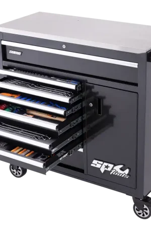 SP Tools Sumo Series Roll Cab Tool Kit with Power Tool Cupboard and Built-in Power Board - 360pc - Metric & SAE - Diamond Black Super Sale