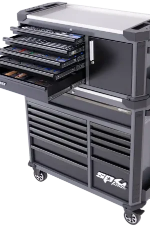 SP Tools Tech Series Tool Kit Combo with Power Tool Cupboard and Built-in Power Board - 351pc - Metric/SAE - Diamond Black - Plus Extra EVA Foam Trays In Demand
