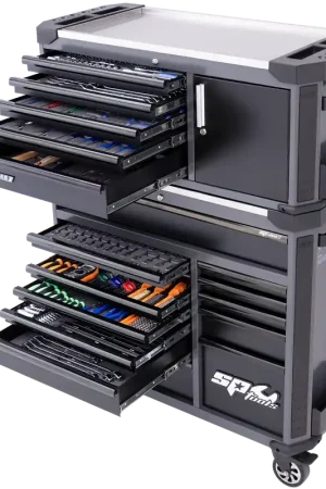 Don’t Miss Out SP Tools Tech Series Tool Kit Combo with Power Tool Cupboard and Built-in Power Board - 631pc - Metric/SAE - Diamond Black - Plus Extra EVA Foam Trays